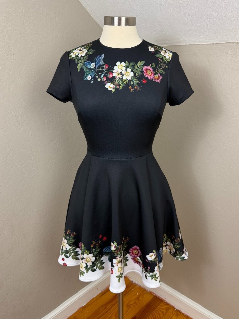 Ted Baker London | Black & White Botanical Floral Skater Fit Flare Mini Dress